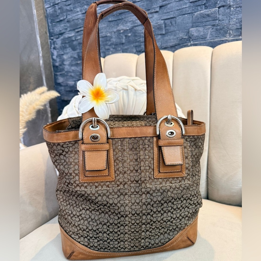 Coach Y2K Signature Jacquard Brown Tan Canvas Leather Trim Shoukder Bag #F11404
